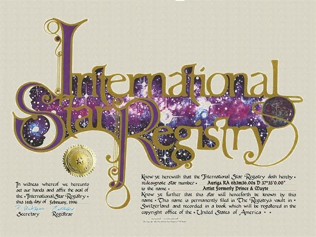 Star Name Artist Formerly Prince & Mayte Star Date February 14, 1996 Coordinates Auriga RA 6h 3m 36.00s D 37° 35' 0.00"