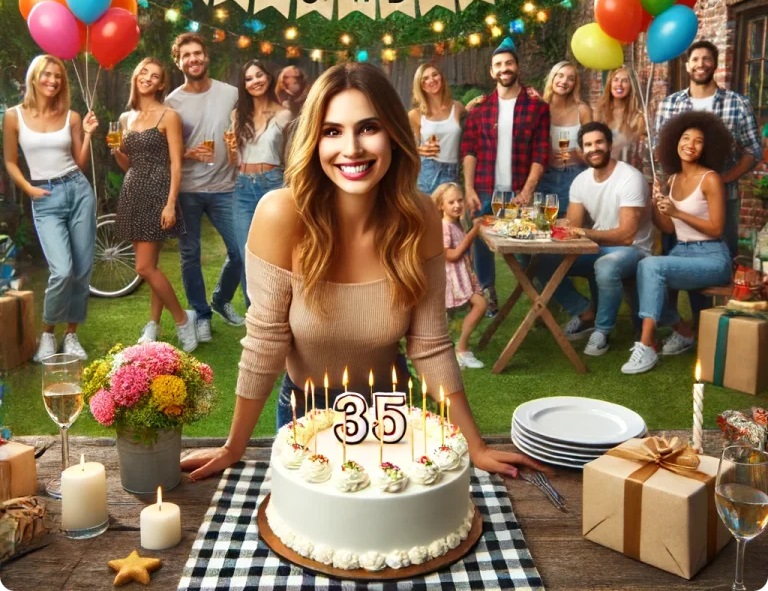 smiling woman with friends and a birthday cake, flowers and gifts.