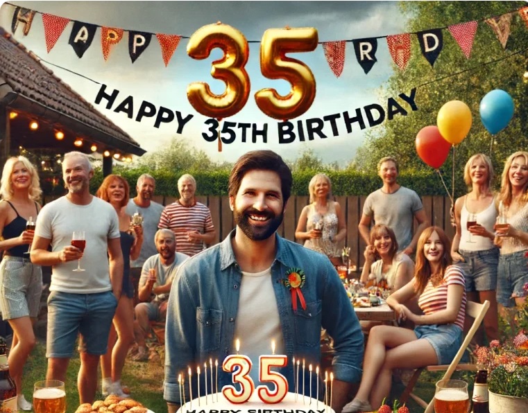smiling man surrounded by friends celebrating his 35th birthday outside. There are balloons and a banner.