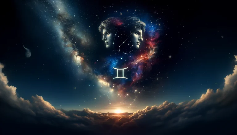The faces of the zodiac Gemini twins appear in the starry sky with the Gemini Symbol