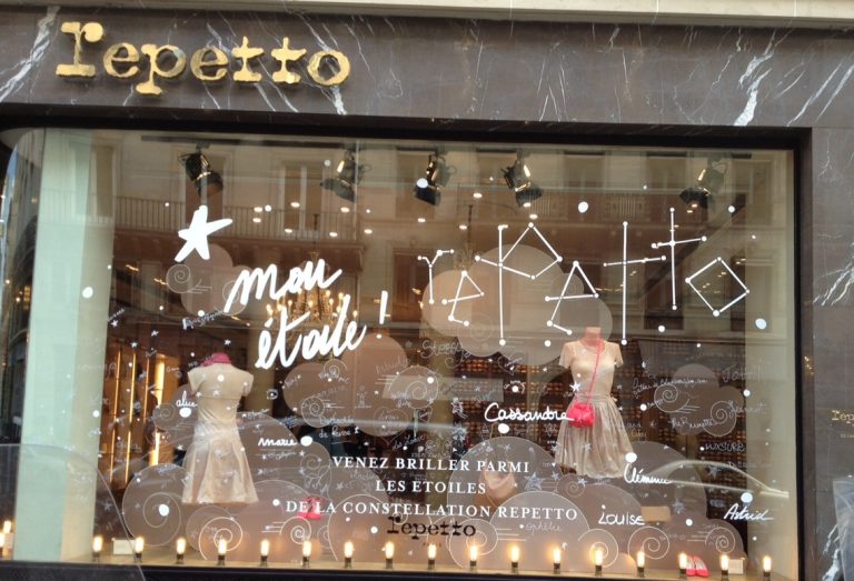 Shop window showing window in Paris featuring the International Star Registry name a star promotion