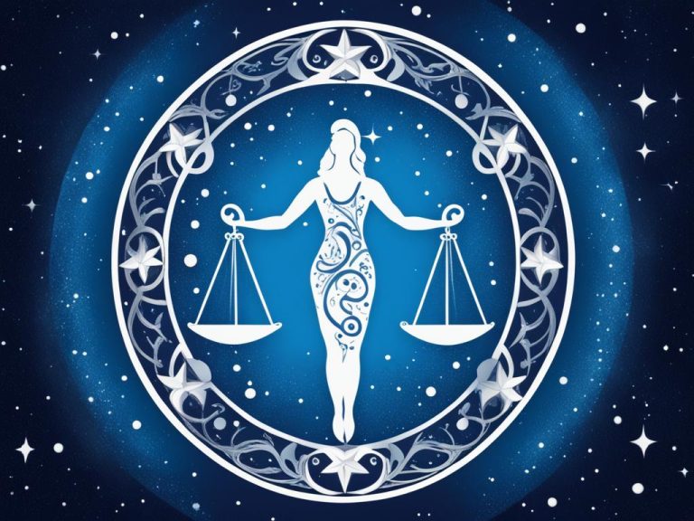 The white silhouette of a woman in a white circle. Her arms are scales and they are evenly balanced. There is a blue background with white starbursts.