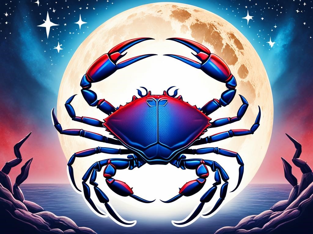 Create an image that captures the deep and emotional bond between Cancer and Scorpio. Show two intertwined symbols, one of a crab and the other of a scorpion, with colors that reflect their passionate nature. Use shades of blue and silver for the crab and deep shades of red for the scorpion to represent their intense connection. Include a backdrop of the moon and stars to symbolize their mystical and enchanting love. Let their bodies blend together in perfect harmony, as if they were meant to be together forever.
