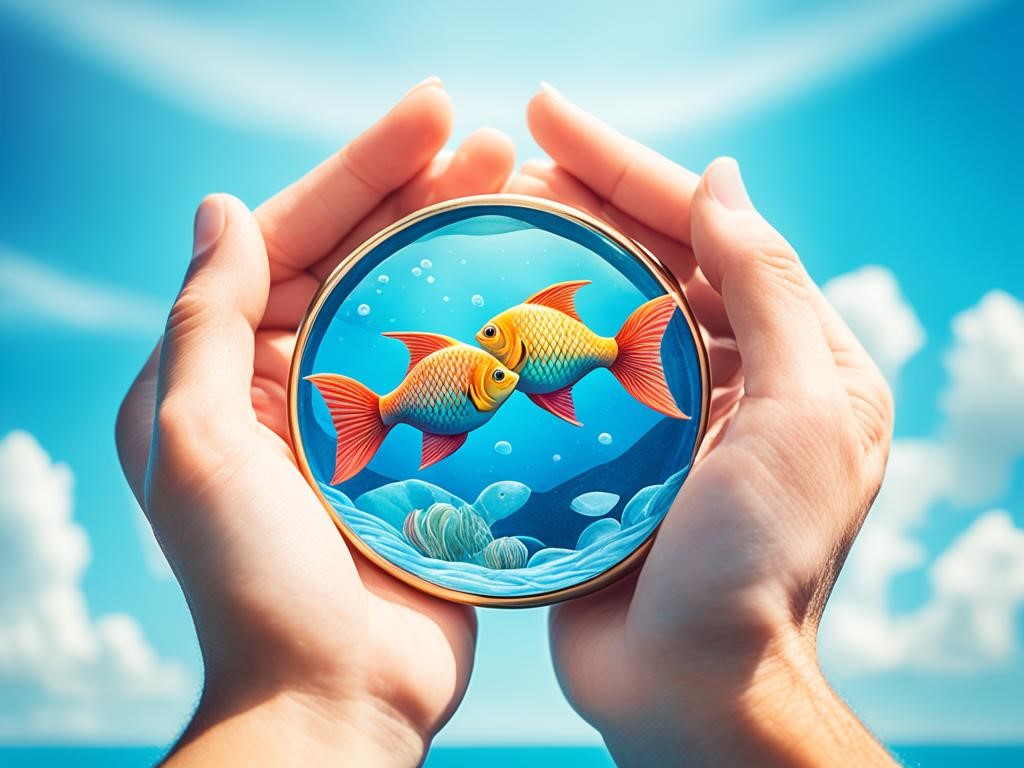 Two colorful fish swimming alongside a pair of intertwined hands, one with a Gemini symbol engraved on a ring and the other with a Pisces symbol. The fish represent Pisces' emotional depth and imagination, while the hands symbolize Gemini's intellectual curiosity and adaptability. The background is a blend of ocean blue and sky blue, representing their dreamy and airy personalities coming together in harmony.