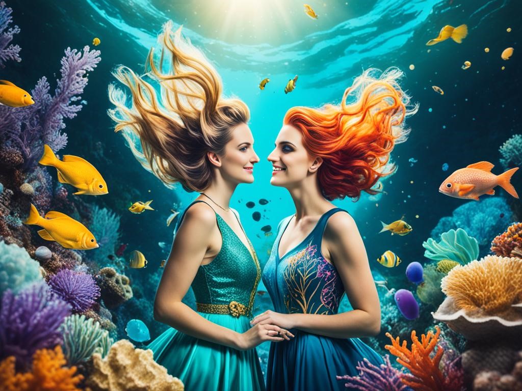 A dreamy Pisces and a curious Gemini explore an underwater world filled with vibrant colors and magical creatures, each bringing their own unique perspective and creativity to the adventure.