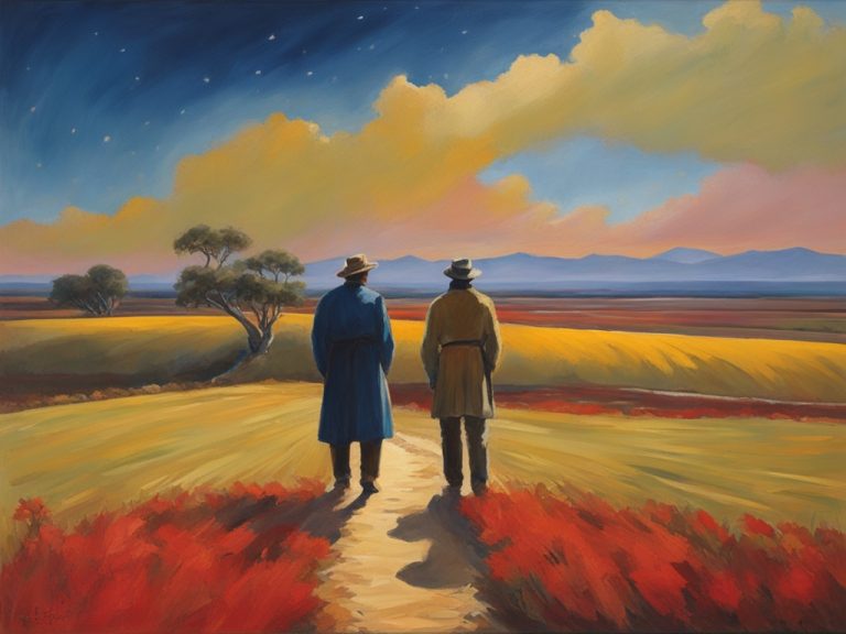 Painting shows 2 men in a field looking out toward rainbow colored clouds. The men are wearing cowboy hats and long coats. They are standing on a well worn path between red plants.