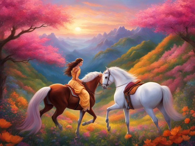 A fantasy image of a beautiful woman on a brown horse with a white horse. Both horses have saddles, but there is only one rider. They are in a meadow filled with flowers. In front of them are purple mountains. Pink flowering trees are on either side.