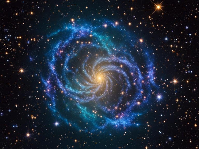 A colorful arrangement of blue, green, and purple stars on a night sky background are positioned to look like a galaxy. The spot in the middle is brights and large stars are shown nearby.