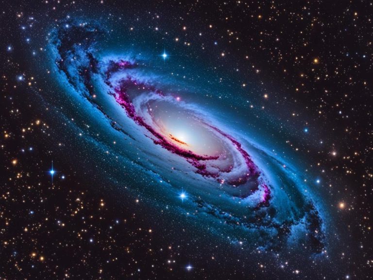 Artists representation of a barred spiral galaxy. The night sky behind it is black with many beautiful white and gold stars. The arms of the galaxy are blue with some red and dark areas. The center of the galaxy is a fiery yellow.