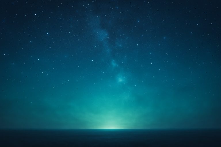 A view looking toward a light on the horizon. Above is a sky filled with stars