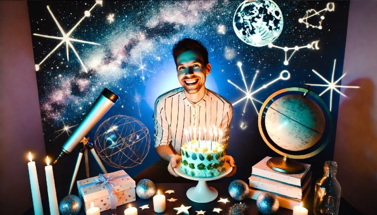 A smiling man is celebrating his birthday. He is holding a cake with candles and there is a birthday gift. The picture has a zodiac theme with many stars