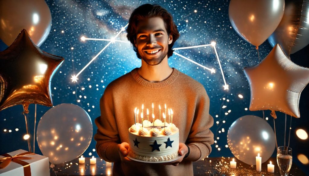 A happy man with a birthday cake in front of a starry background
