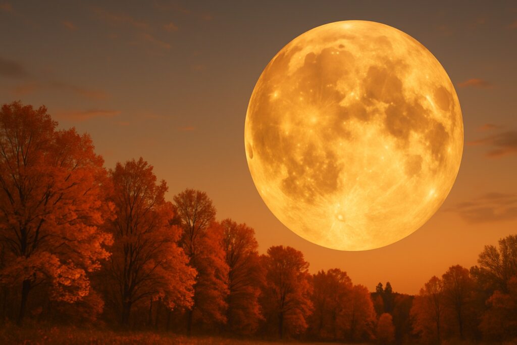 Hunters Moon rises over colorful fall trees. The Full Moon in October is a Supermoon in 2025