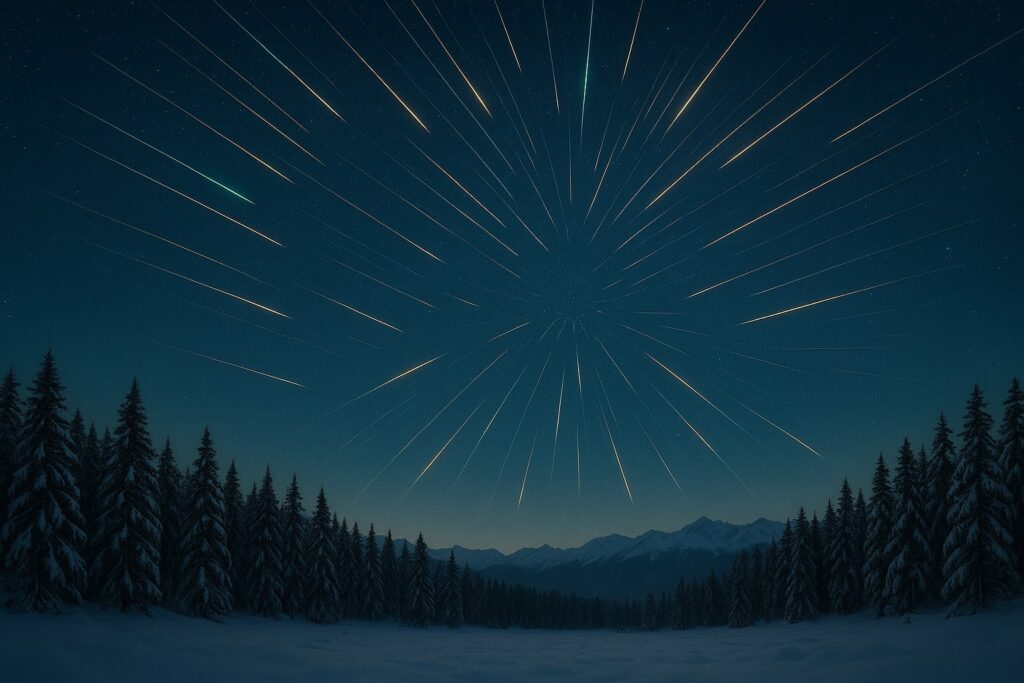 Geminids meteors are a favoirte holiday sights are shown leaving streaks of light in the December sky.