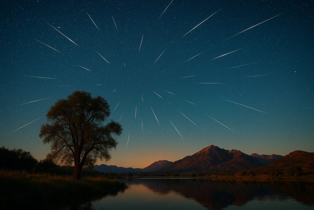 Meteors from the Leonids meteor shower streak across a November sky. Below is an autumn tree and a peaceful body of water. There are mountains in the background.