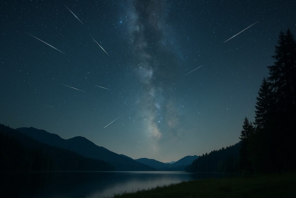 Optimal viewing of the Orionid meteor show of 2025 Bright meteors streak though an October Sky.