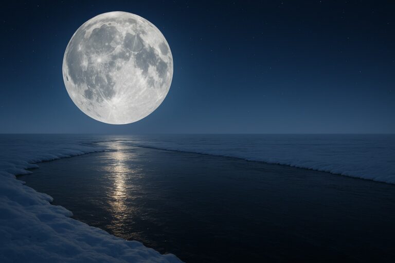 The Cold December 2025 Full Moon Supermoon glows over an icy lake.