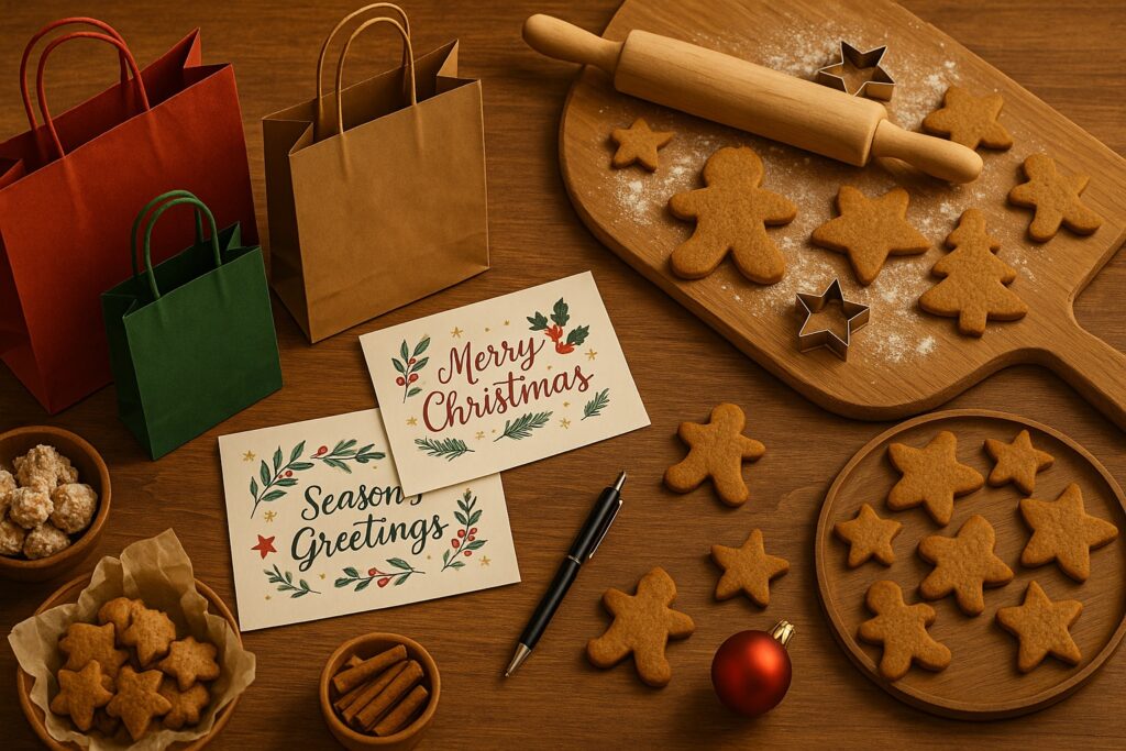 holdiday cookies, Christmas cards, gift bags and a Christmas ornament are shown in preparation for the holiday season