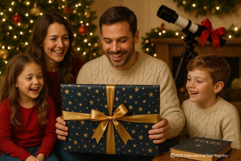 A man in front of a Christmas tree opens his name a star gift from International Star Registry. He is surrounded by family. There is a telescope and a book about stars in the image.