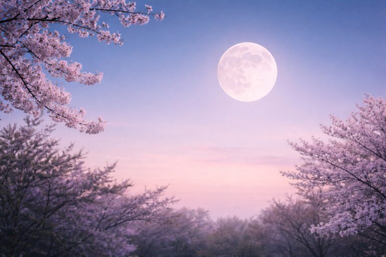 The full pink moon shines overhead in the April Sky. In the foreground we see blooming spring trees