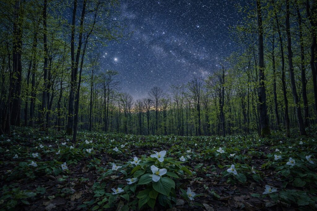 A starry sky over the wooded forest floor. Trillium flowers have bloomed and trees are budding, showing that spring is here along with all of the coming surprises April holds
