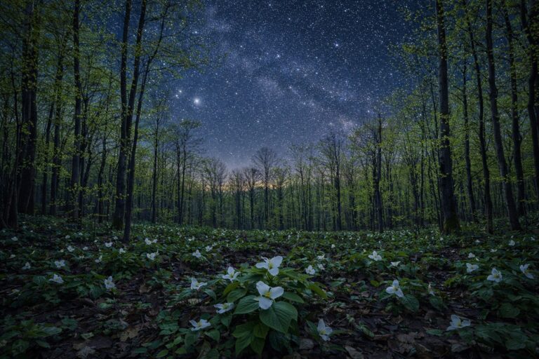 A starry sky over the wooded forest floor. Trillium flowers have bloomed and trees are budding, showing that spring is here along with all of the coming surprises April holds