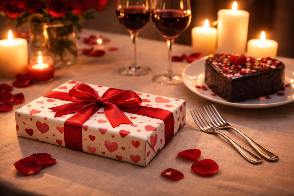 A romantic Valentine's Day gift sits waiting to be opened. There are flowers, wine, candles and cake with two forks on the table.