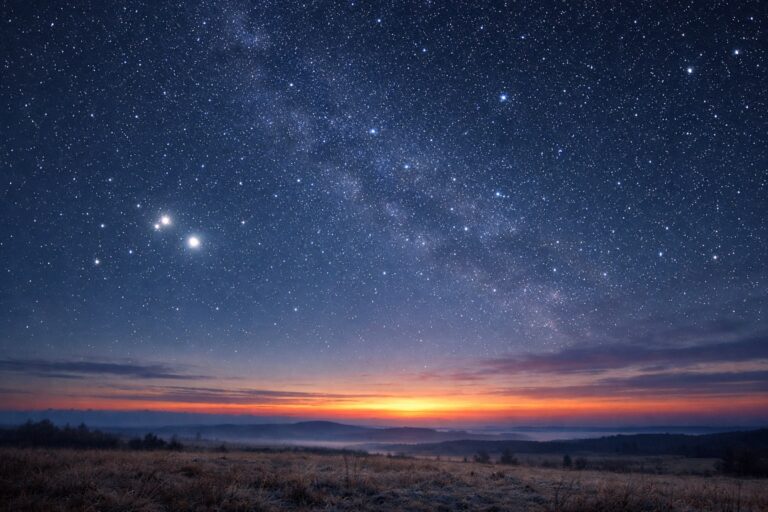 A beautiful starry sky sits above the rising sun, giving the feeling of looking forward to the the future and the month of March