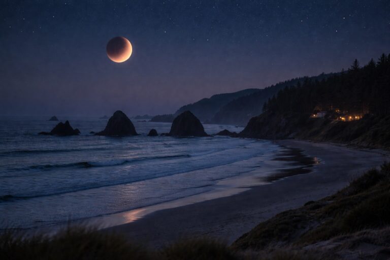 A blood moon lunar eclipse is seen over the Oregon coastline. We see the ocean and rocks jutting through the surface of the water.