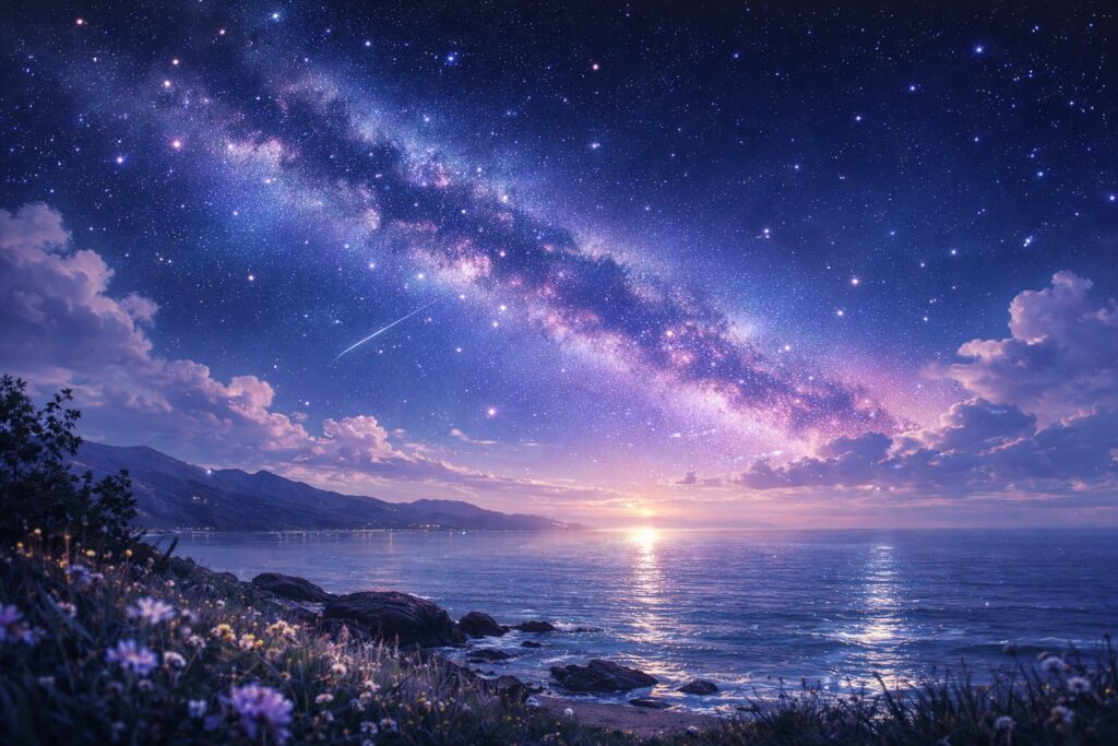 A starry sky over a shining body of water. The sun is in the distance bringing us a sense of hopefulness as we look to the future