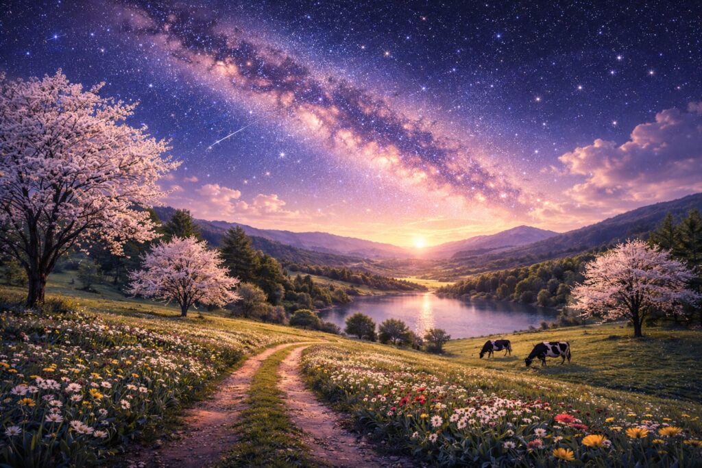 A mystical purple sky stretches over a blooming April landscape. This is a perfect day to celebrate a Taurus Birthday