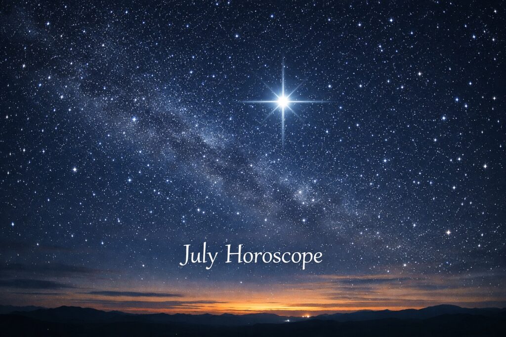 A bright star shines in the summer sky. The words July Horoscope appear on the horizon
