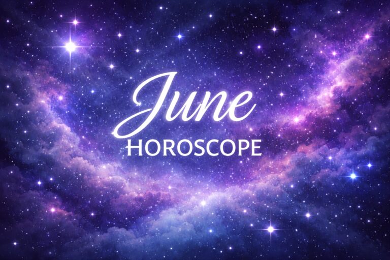 A vibrant star field in blue and purple with the words June horoscope