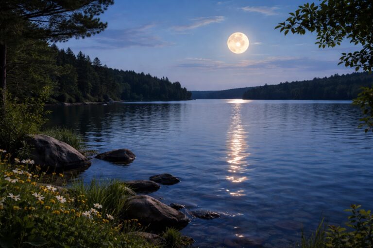 A full moon reflects over a tranquil lake