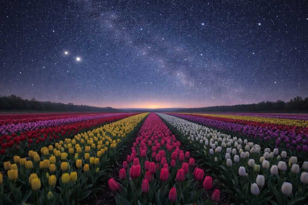 A starry sky rises over a field of blooming tulips as we look forward to our horoscope for May