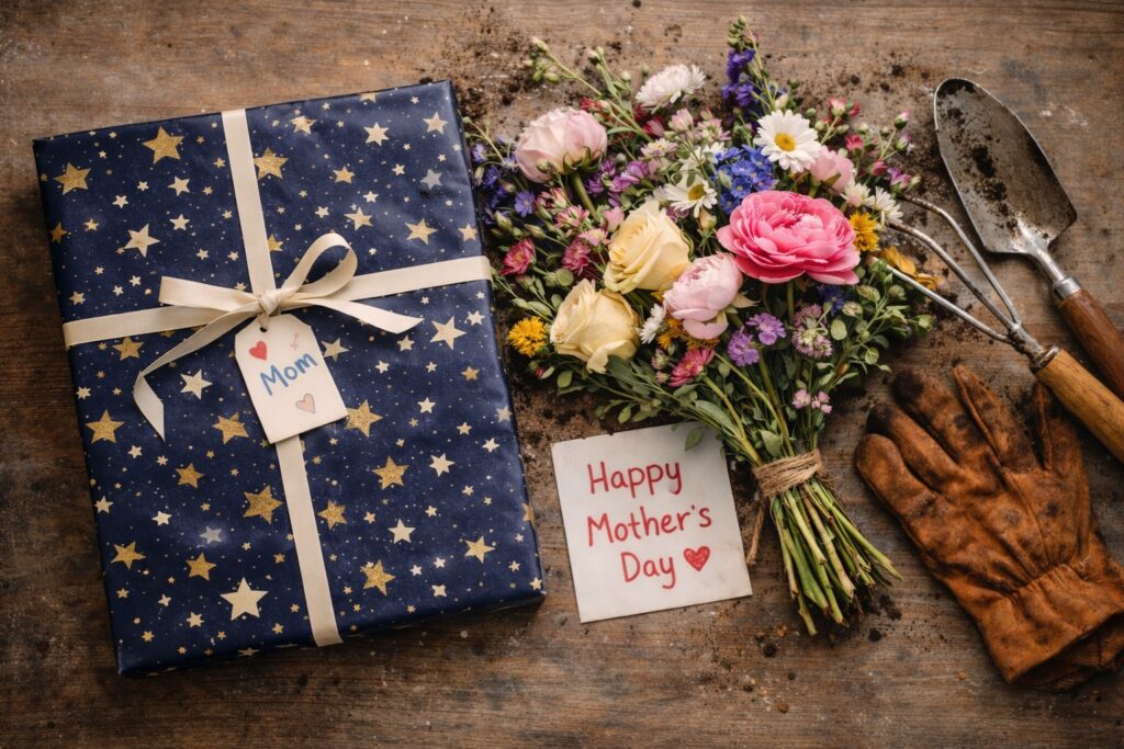 A selection of great mothers day gifts with hand lettered cards. Items include a wrapped package and star themed paper, flowers, and garden tools.