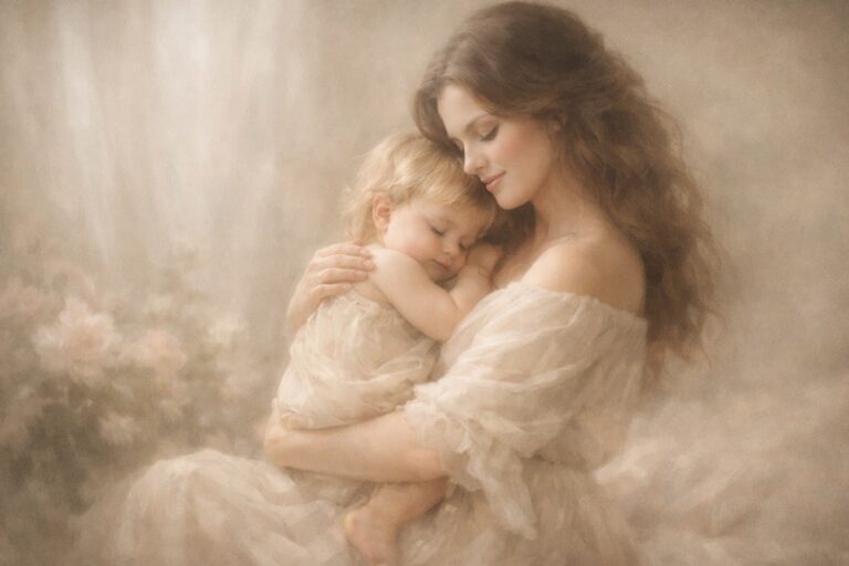 A dreamy represntation of a young mother holding her child is a classical, romantic image that reminds us of the limitless love we celebrate on Mother's Day