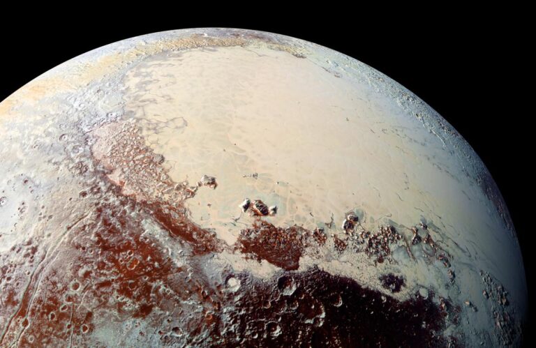 This high-resolution image captured by NASA's New Horizons spacecraft in 2015 combines blue, red and infrared images taken by the Ralph/Multispectral Visual Imaging Camera (MVIC). The bright expanse is the western lobe of the "heart," informally called Sputnik Planum, which has been found to be rich in nitrogen, carbon monoxide and methane ices.