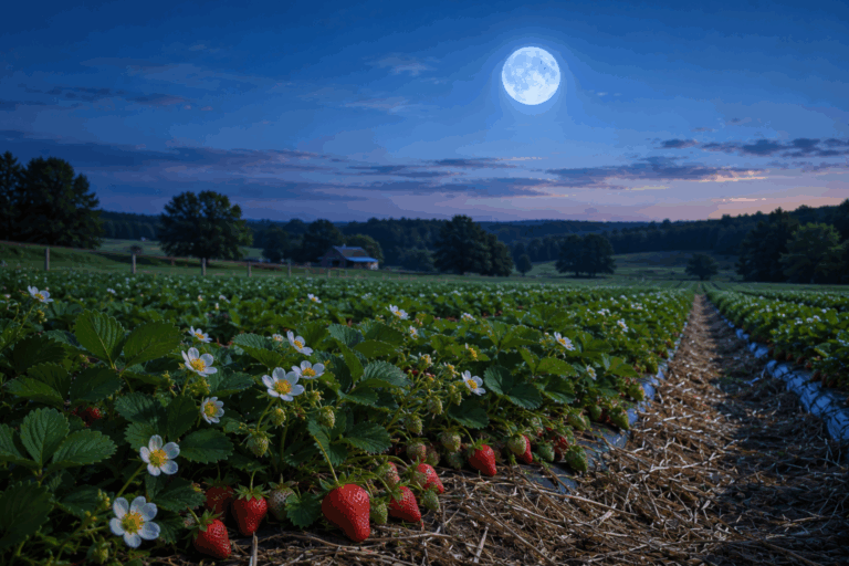 The June full moon shines in the summer sky over a field of strawberries