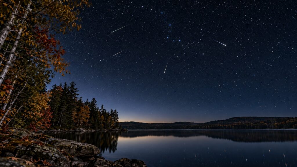 The Draconid Meteor Shower streaks across an October sky. The scene includes a shining body of water and changing trees