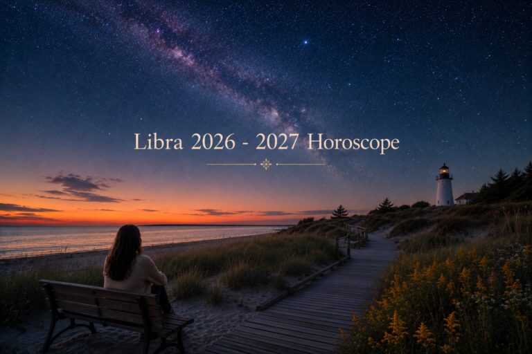 A woman looks out over a starry sky and contemplates what her monthly Libra horoscope will be for 2026 - 2027