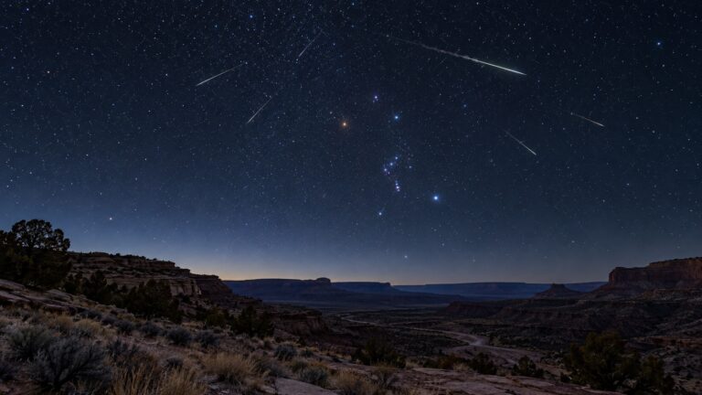 A fireball streaks through and October sky. It is part of the annual Orionid Meteor shower.