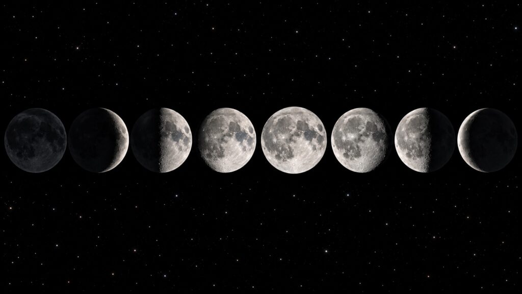 The moon is depicted in the night sky showing all eight moon phases, the new moon, the waxing crescent moon, first quarter moon, waxing gibbous moon, full moon, waning gibbous moon, last quarte moon and waning crescent moon.