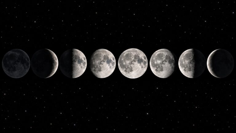 The moon is depicted in the night sky showing all eight moon phases, the new moon, the waxing crescent moon, first quarter moon, waxing gibbous moon, full moon, waning gibbous moon, last quarte moon and waning crescent moon.