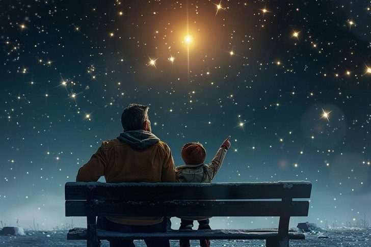 Father and son looking into the night sky and pointing to the star they named with International Star Registry.