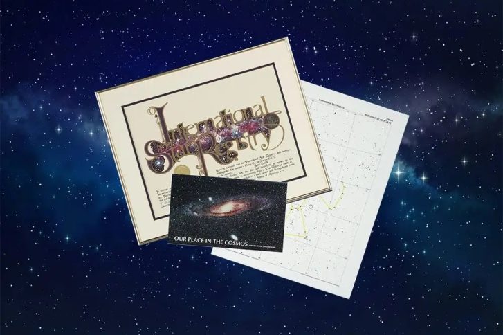 Framed Star Registry certificate with the named star identified, star map, and astronomy booklet. Dark blue night sky background.